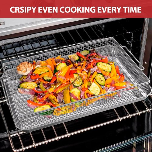 Geesta Air Fryer Basket - Nonstick Crisper Tray & Basket Set with 50 Recipes | 12.5” x 9.5” Stainless Steel