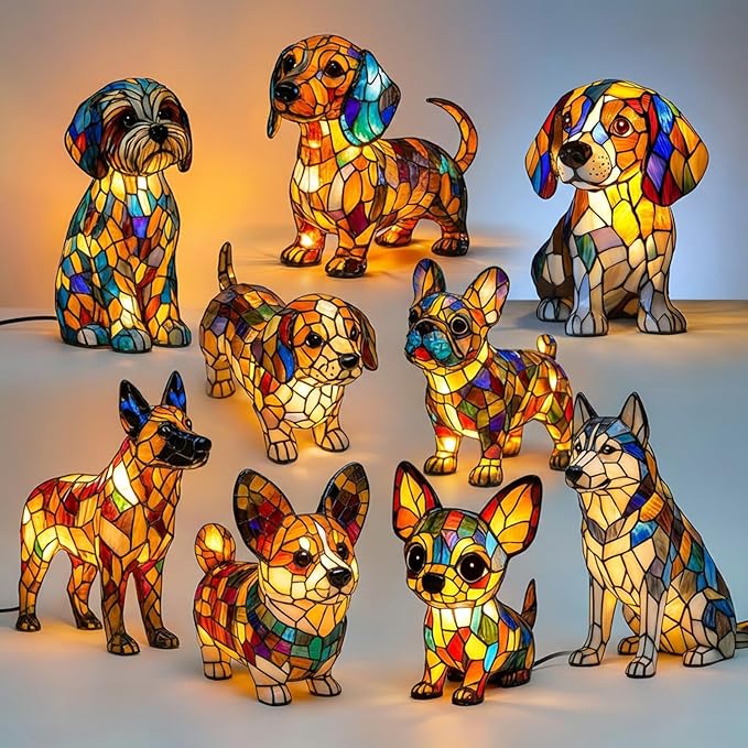 Rainbow Puppy Lamp Stained Glass Dog Night Light 3D Retro Stained Resin Rainbow Pup Lights Charge Powered Table Lamp Puppy Glow Lamps for Home Bedroom Desk (I-1)