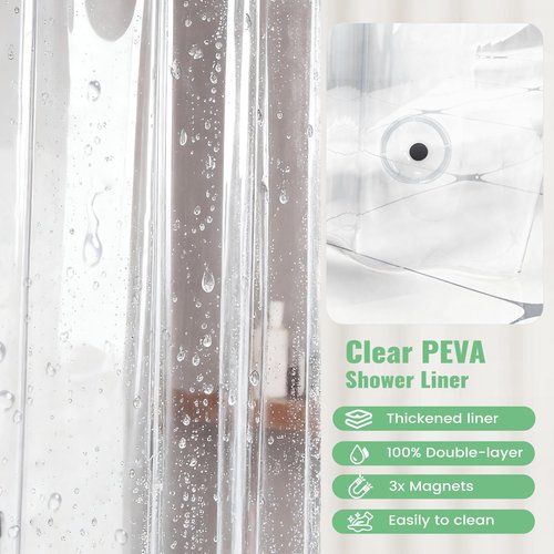 Dynamene Extra Long Shower Curtain and Liner Set - 84 inch Tall Waffle Fabric, Waterproof Clear Liner, Heavy Duty Weighted Hotel Luxury Cloth Shower Curtains for Bathroom, 12 Hooks, 72x84, Lavender