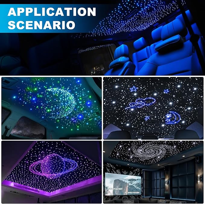 Split 4 Colors 12W Car Starlight Headliner Kit 700pcs*0.02in*9.8ft with APP&RF Remote,RGBW Fiber Optic Strands Star Roof Lights,4 Port Engine Sound Activated Star Ceiling Lights for Car/Home Decor