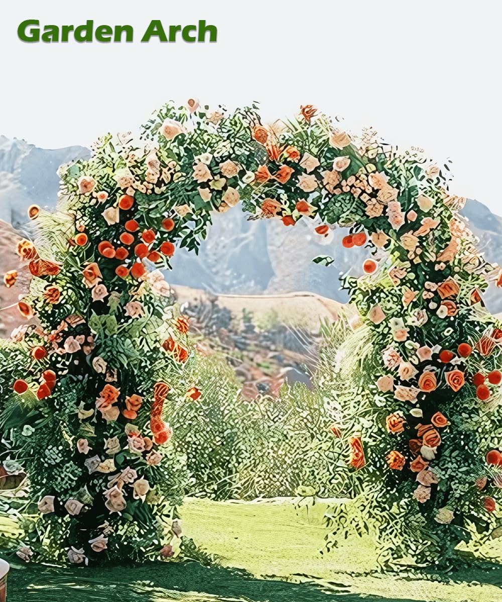 Queension Metal Wedding Arch for Ceremony Party Decoration 7Ft Wide 7.7Ft High,Garden Arch Trellis with Ground Bases for Climbing Plants,Outdoor Garden Arbor for Roses Vines, Round Frame, Gold