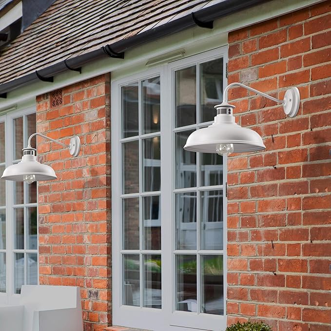Set of 2 Gooseneck Outdoor Wall Lights Fixtures,Dusk to Dawn Motion Sensor Sconce Farmhouse Barn Lamp for Patio,3 Modes Dimmable Exterior Porch Light Wall Mount Lighting White with Rotary Dial Control