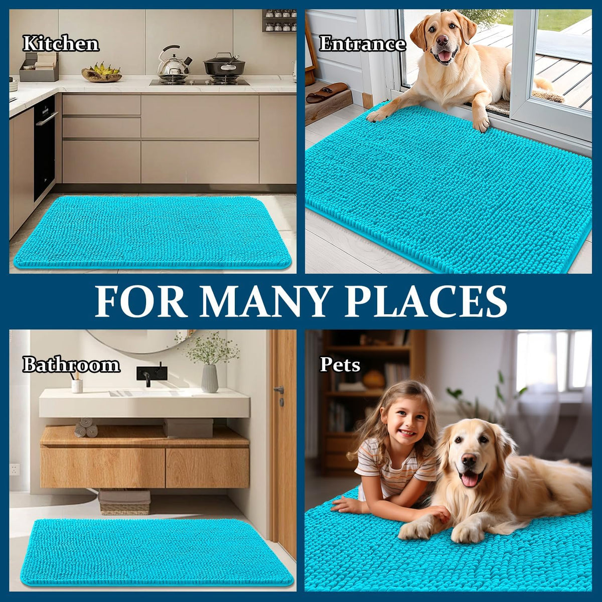 OLANLY Dog Door Mat - Absorbent Non-Slip Washable Mud Mat for Indoor Use | Aqua Blue 47x32
