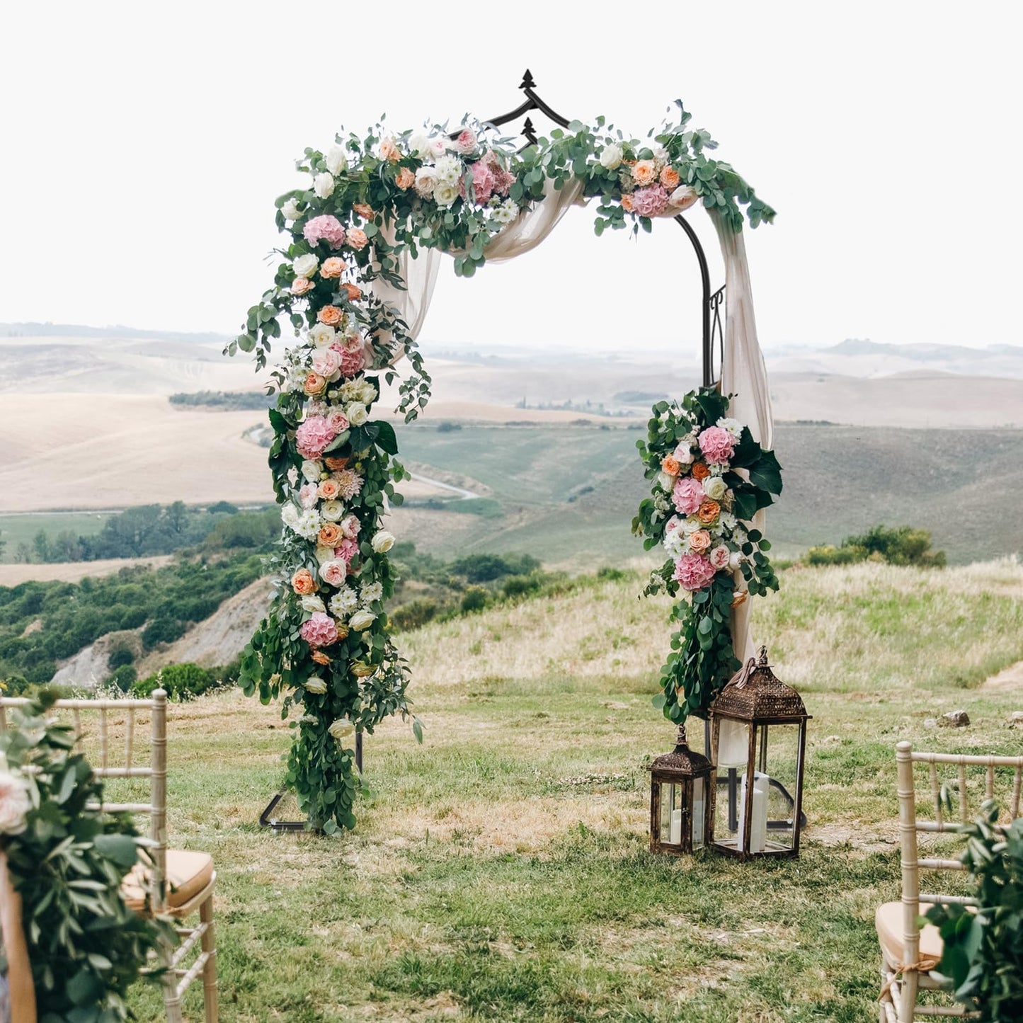 OUSHENG 7FT Garden Arch Trellis, Outdoor Steel Arbor for Climbing Plants, Archway Frame Stand Gate with Ground Stakes for Wedding Ceremony Decoration Party Vines Lawn Courtyard Patio Backyard