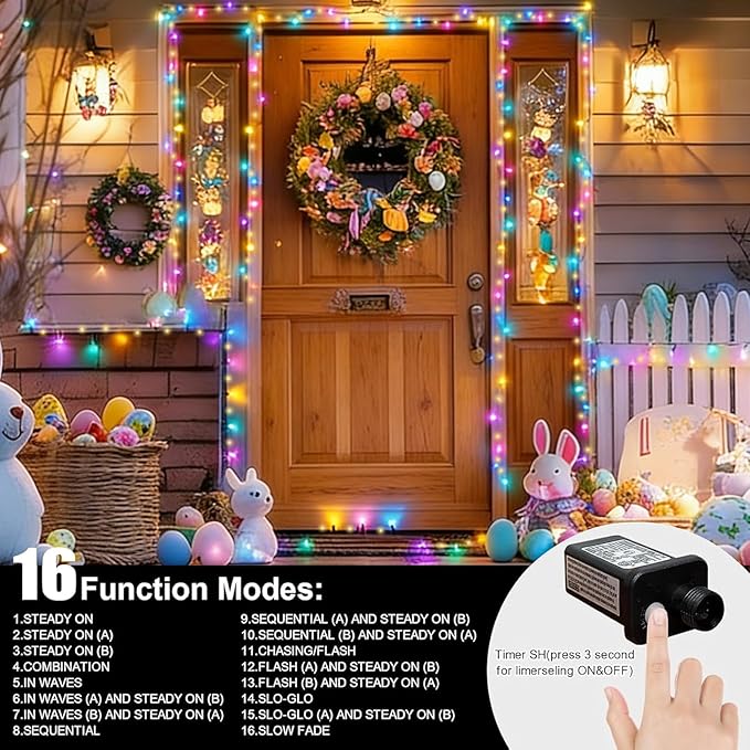 LAMPHOME 66ft Easter String Lights Plug in, 200 LED Pastel Twinkle Fairy Lights Green Wire, 16 Modes Easter Outdoor Indoor Decorations for Christmas Tree Xmas Wedding Party (Warm & Multicolor)
