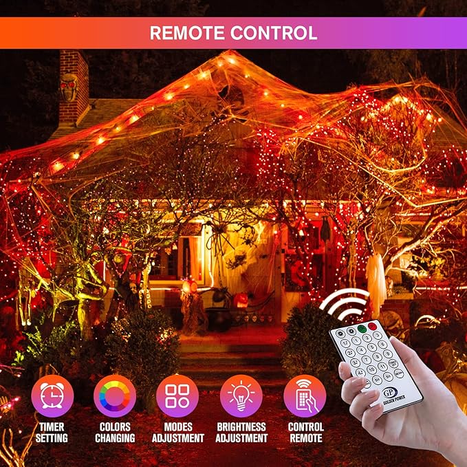 JMEXSUSS Halloween Lights, 8 Modes Waterproof Orange and Purple Light Outdoor Plug in, Clear Wire Halloween String Lights Indoor Bedroom 500 LED Orange and Purple 163 FT