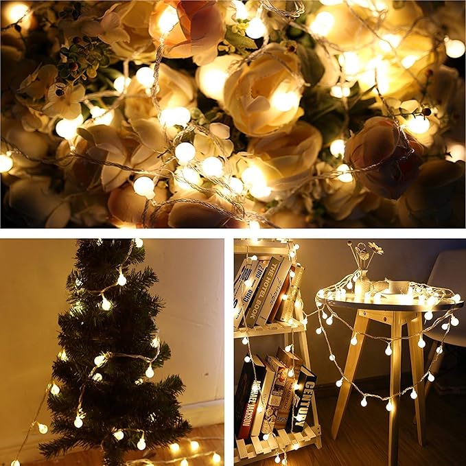 49.2ft Globe String Lights with 16ft Extended Lead & Stable Remote - 100 LED Warm White, 8 Distinct Modes, IP44 Waterproof, UL Certified, Linkable for Indoor Outdoor Wedding Party Decor