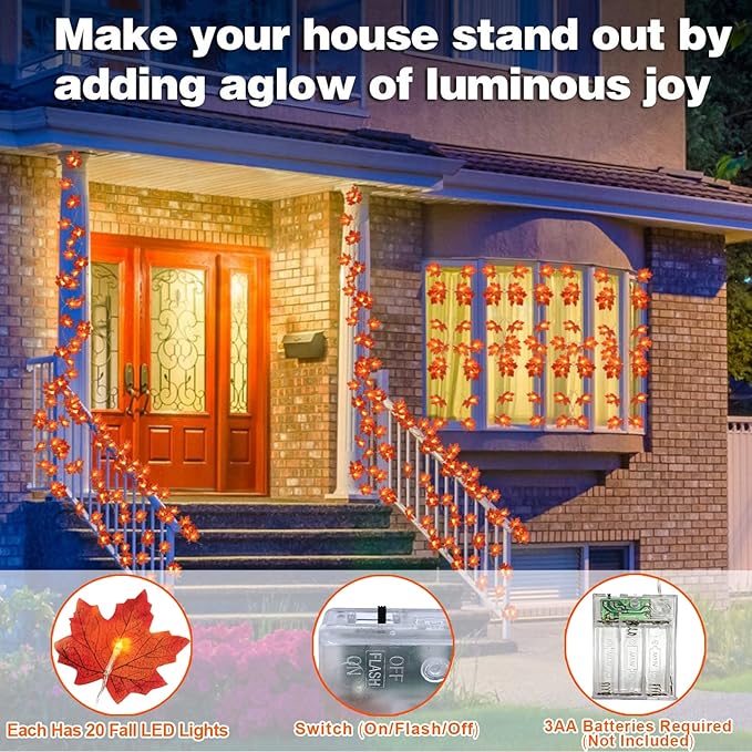 TURNMEON 6 Pack Fall Decor Enlarged Maples Leafed Garland, 60Ft 120LED Fall Decorations for Home Fall Lights, Battery Operated Waterproof Autumn Garland Halloween Thanksgiving Decor Indoor Outdoor