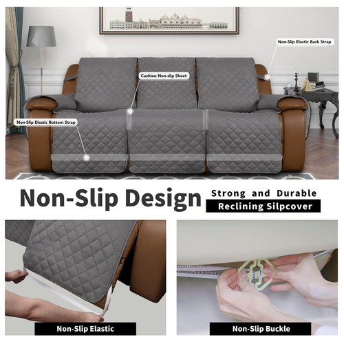 Easy-Going Recliner Sofa Cover, Reversible Couch Cover for 3 Seat Recliner, Split Sofa Cover for Each Seat, Furniture Protector with Elastic Straps for Dogs, Pets(3 Seater, Gray/Light Gray)
