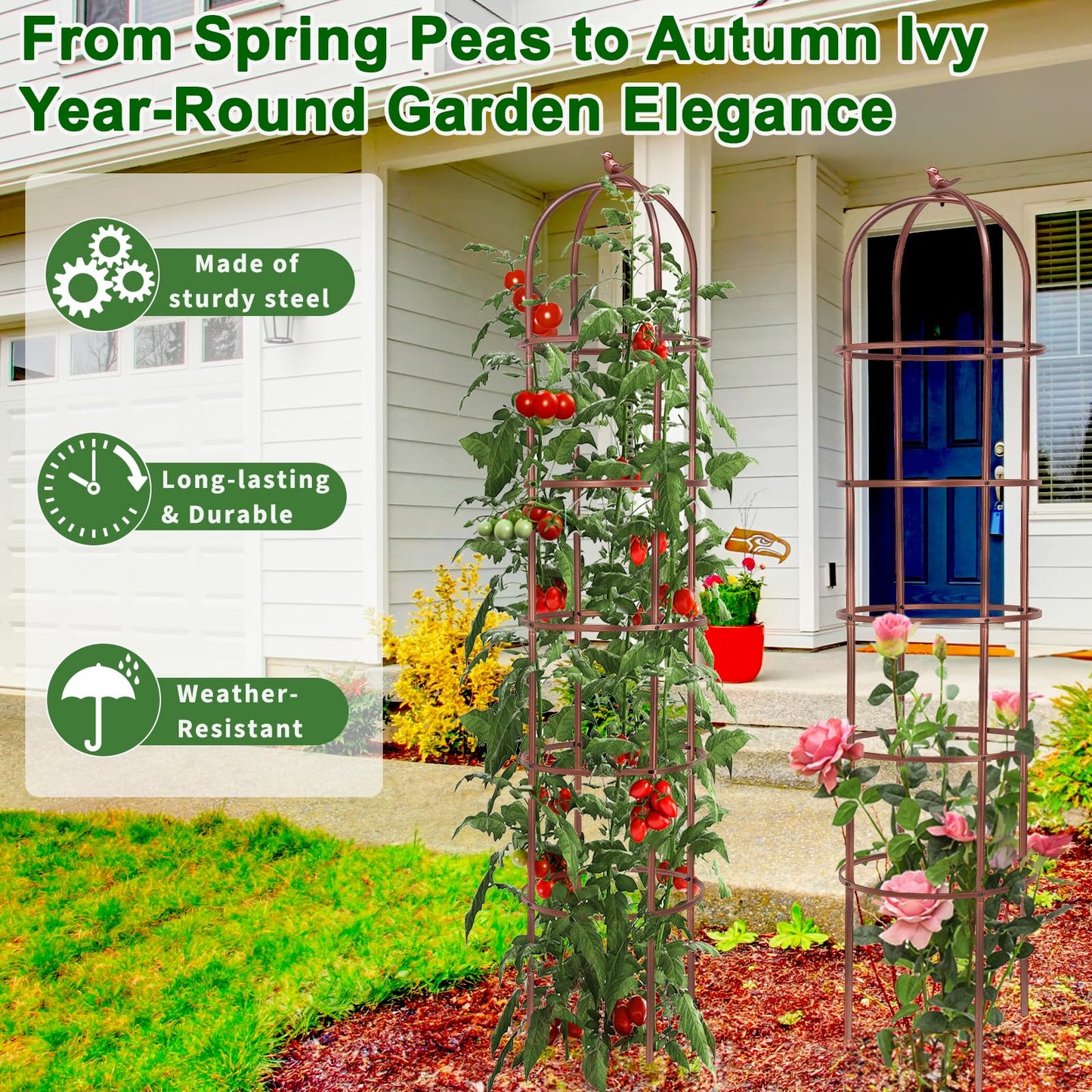 HEYTIMI 1 Pack 7Ft Heavy Duty Metal Garden Obelisk Trellis for Climbing Plants, Rust-Resistant Steel Vine Support Bird Finial for Rose Clematis, Potted Flowers Stand Indoor Outdoor Decor (Rose Gold)