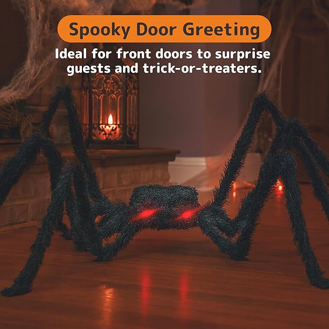 PREXTEX Halloween Spider with Light Up Eyes (LED Lights) - Decorations 4 Ft Hairy Spider Prop with Giant LED Red Eyes - Halloween Decor for Indoor, Outdoor, Golf Cart, Wall - Door Hanger