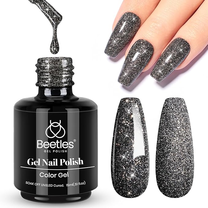 Beetles Black Gel Nail Polish, 1Pcs 15ML Glitter Gel Nail Polish Black Sparkle Reflective Shimmer Color Soak Off UV Lamp Disco Nail Art Manicure Salon DIY at Home Gifts for Her