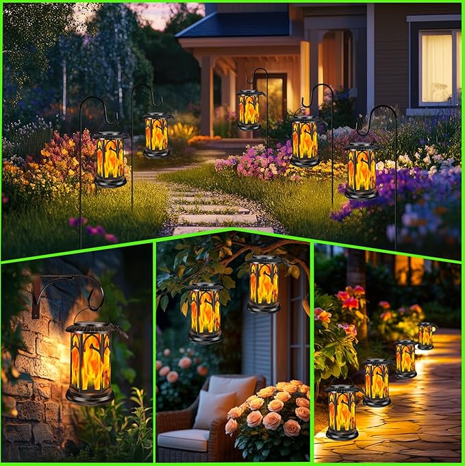 Solar Lanterns Flickering Flame Outdoor Metal Solar Light Waterproof Solar Powerd Led Flame Lights with Battery Compartment Dual Mode for Patio Fence Garden Yard Trees Lawns Decorations(Pack of 2)