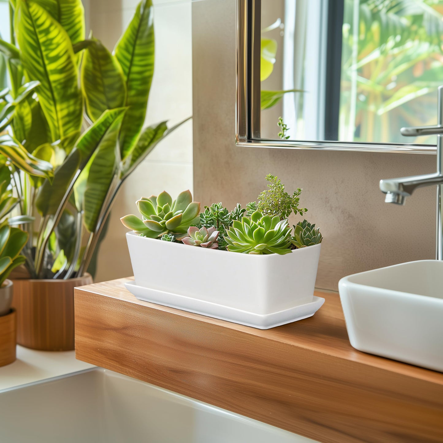 SQOWL Rectangular Planter - 10 Inch Ceramic Pots for Plants with Drainage Hole and Saucer, Succulent Pots for Indoor Outdoor, Cactus Herb Planter, Home Decor, Gifts for Plant Lovers, Glossy White