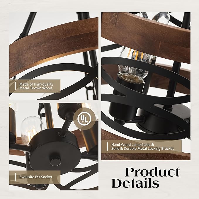 4-Light Farmhouse Drum Wood Pendant Light 13.8'' Vintage Rustic Brown Oak Wood Chandeliers,Retro Industrial Hanging Light Fixtures for Dining Room Entryway, Bedroom