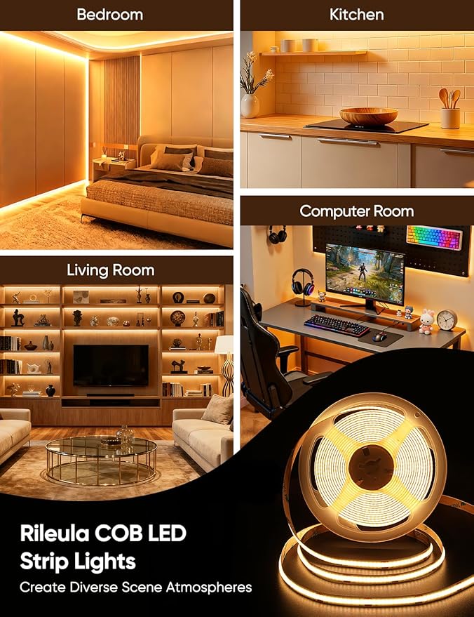 COB LED Strip Lights 2700K Warm White Music Sync LED Lights with DC24V Adapter Remote Smart App Control 16.4ft/5m CRI90+ Ultra Bright LED Rope Lights for Home Bedroom Cabinet DIY Lighting