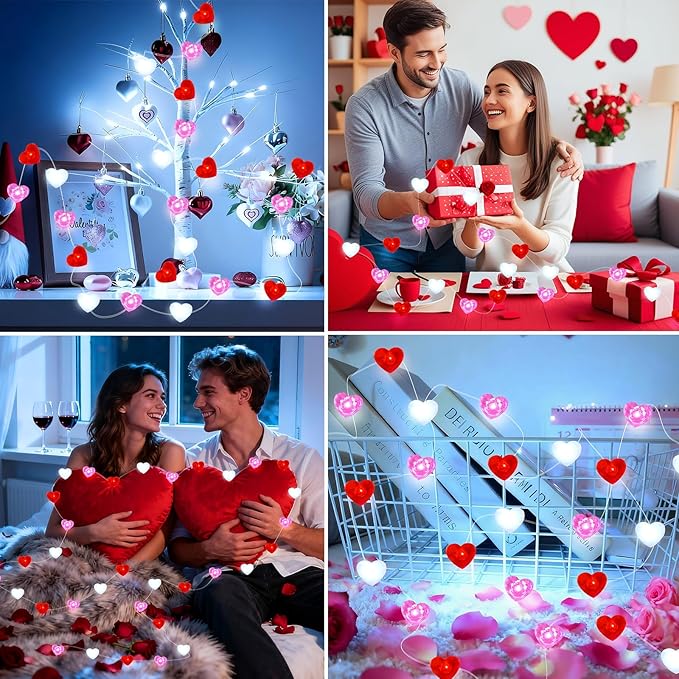 ZGWJ Valentines LED Fairy Lights, 1 Pack 50LED 16FT Red-White-Pink Heart String Lights Battery Operated,Waterproof Valentines Lights for Wedding Party,Mother's Day Indoor Outdoor Decoration