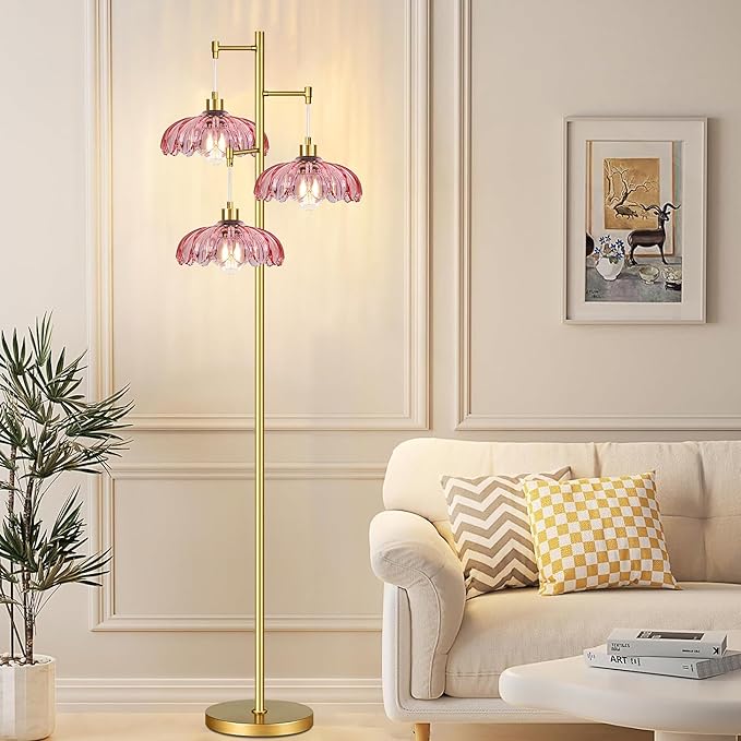 Vintage Floor Lamps for Living Room Bedroom-3 Light Glass Floor Lamp with Three Led Bulb, Tall Flower Floor Lamp Gold Mid Century Modern Standing Lamp Tree Floor Lamps for Living Room Bedroom Corner