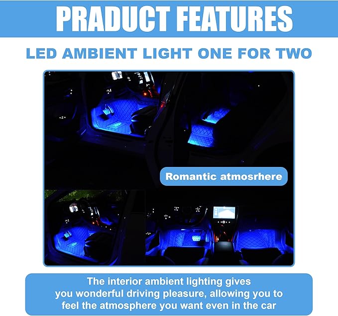 Car LED Strip Light, 24 LED RGB Neon Auto Interior Atmosphere Lights, 12V Cigarette Lighter Under Dash Ambient Night Light, Auto Decorative Lamp Accessory for Car Truck (Blue, Cigar Lighter)
