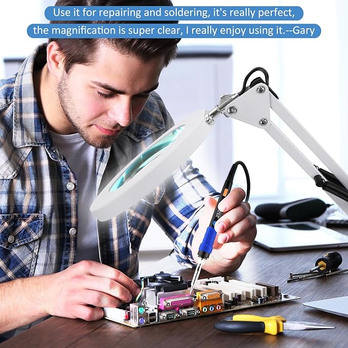 LANCOSC 10X Magnifying Glass with Light and Stand, Optical-Grade Glass Lens, 3 Color Modes Stepless Dimmable, Adjustable Swivel Arm, LED Magnifier Desk Lamp for Close Work Repair Crafts Reading, White