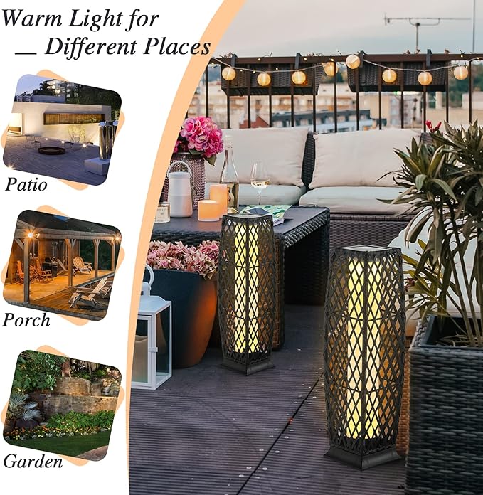 Tangkula 2 Pieces Outdoor Solar Powered Floor Lamps, IP65 Waterproof Wicker Floor Lamps with Auto On/Off LED Light, Outdoor Decor Lanterns for Garden Porch Pool Pathway Driveway (Diamond-Black)