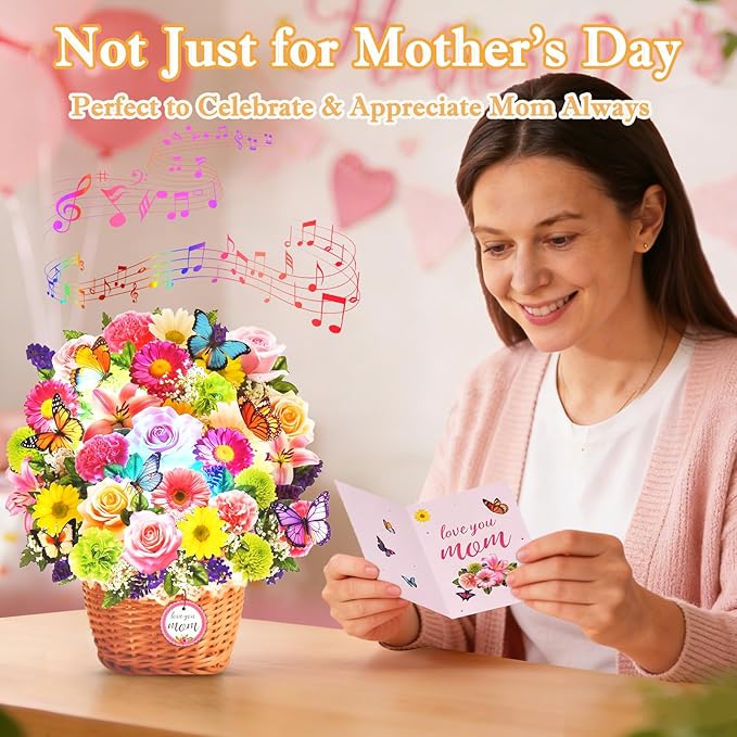 Pop Up Mother's Day Card with Music & Lights, 3D Butterfly Flower Basket Greeting Cards, Elegant Floral Happy Mothers Day Keepsake Gift with Envelope for Mother Wife from Son Daughter Husband