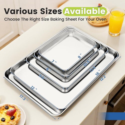 BIEAMA Stainless Steel Baking Sheet Pans - 6 Pack Cookie Sheets for Toaster Oven | Rust-Resistant, Dishwasher Safe, 17.3" L × 12.2" W × 1" H