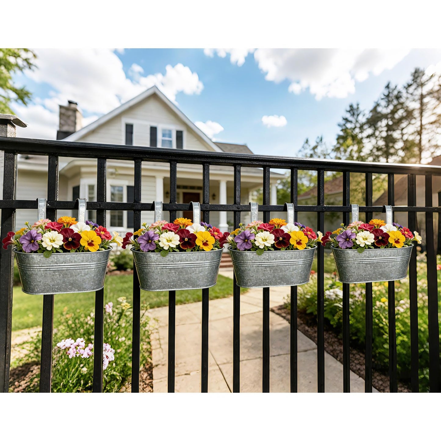 Joyfernal Balcony Galvanized Hanging Planters Railing Flower Pots, Outdoor Metal Fence Planter Pot with Detachable Hooks Drain Hole for Garden Patio Yard Decor (12 Inch, 2Pcs)