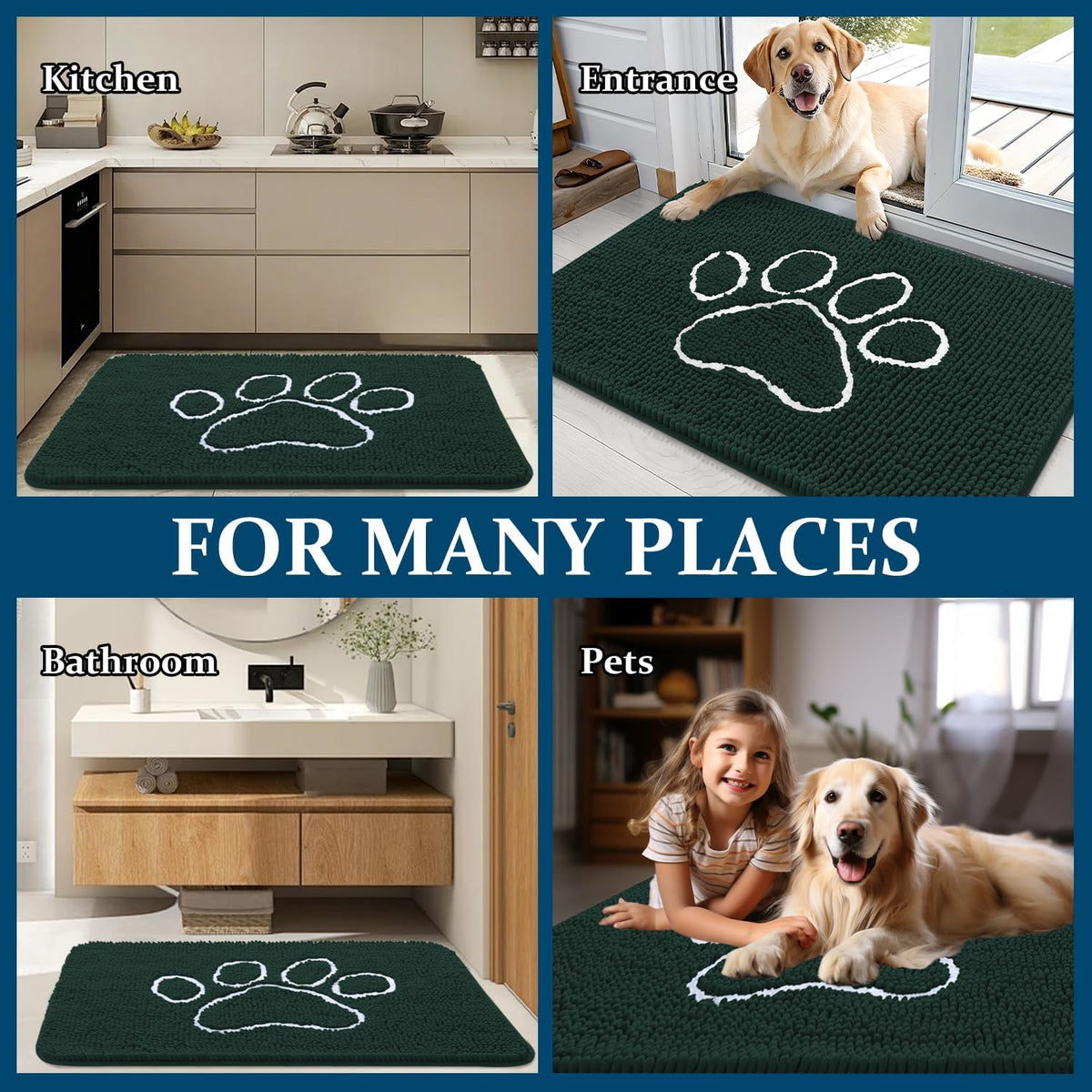OLANLY Dog Door Mat - Absorbent Non-Slip Muddy Paws Doormat | 59x35, Quick Dry Chenille, Blackish Green