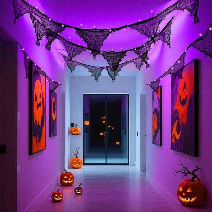 Halloween Lights Battery Operated or USB, Creepy Cloth String Lights with Timer Waterproof 9.8ft 30LED Purple String Lights Halloween Decortions for Fireplace Window Door Mirror