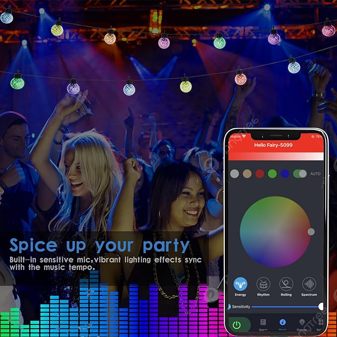 Solar LED String Lights, 25 RGB Color Changing Bulbs, Bluetooth App Control, IP65 Waterproof, 8 Scene & 4 Music Modes, 15ft Globe Lights for Patio, Backyard, and Party Decor