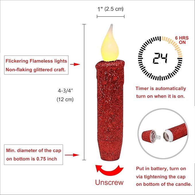 CVHOMEDECO. Glitter Flameless Candles Flickering Battery Operated LED Taper Candles with Timer for Home, Wedding, Halloween, Christmas Decor. Red, 4-3/4 Inch, Set of 3