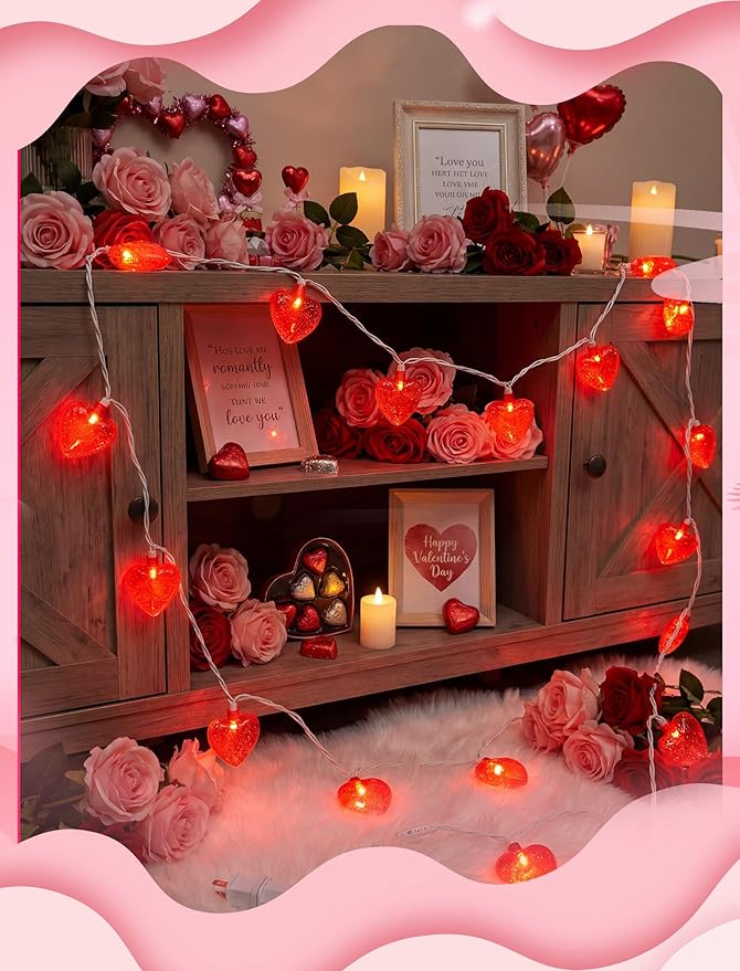 Abeja 8.5Ft Red Heart String Light, Valentine Day Decoration Lights with10 Red Heart, Connectable Fairy Heart String Lights for Valentine's Day Bedroom Wedding Anniversary Outdoor Indoor Decor