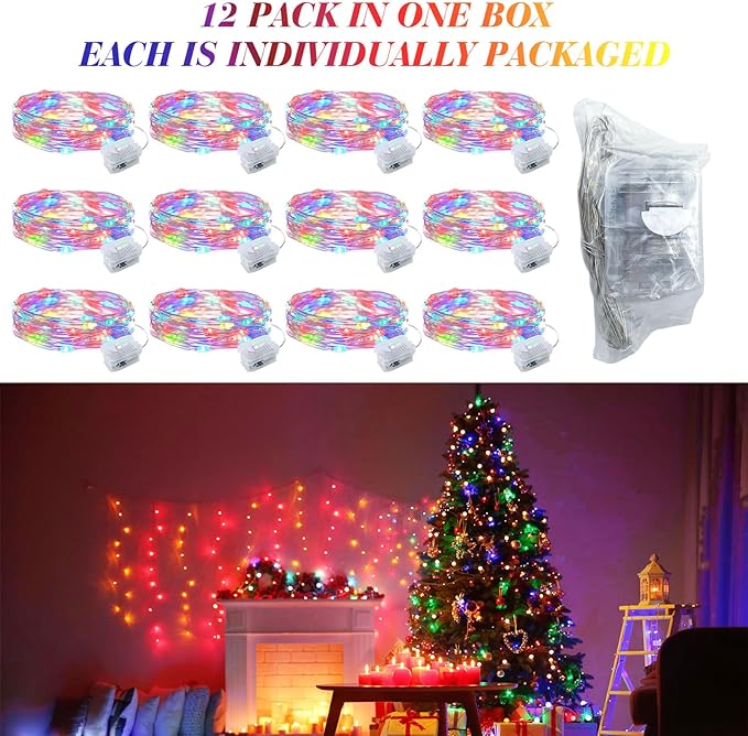 ZGWJ 12 Pack Fairy Lights Battery Operated, Rainbow Color 7ft 20 Mini LED Fairy String Lights Silver Wire 3 Modes for DIY, Parties, Wedding, Bedroom, Halloween Christmas Decoration