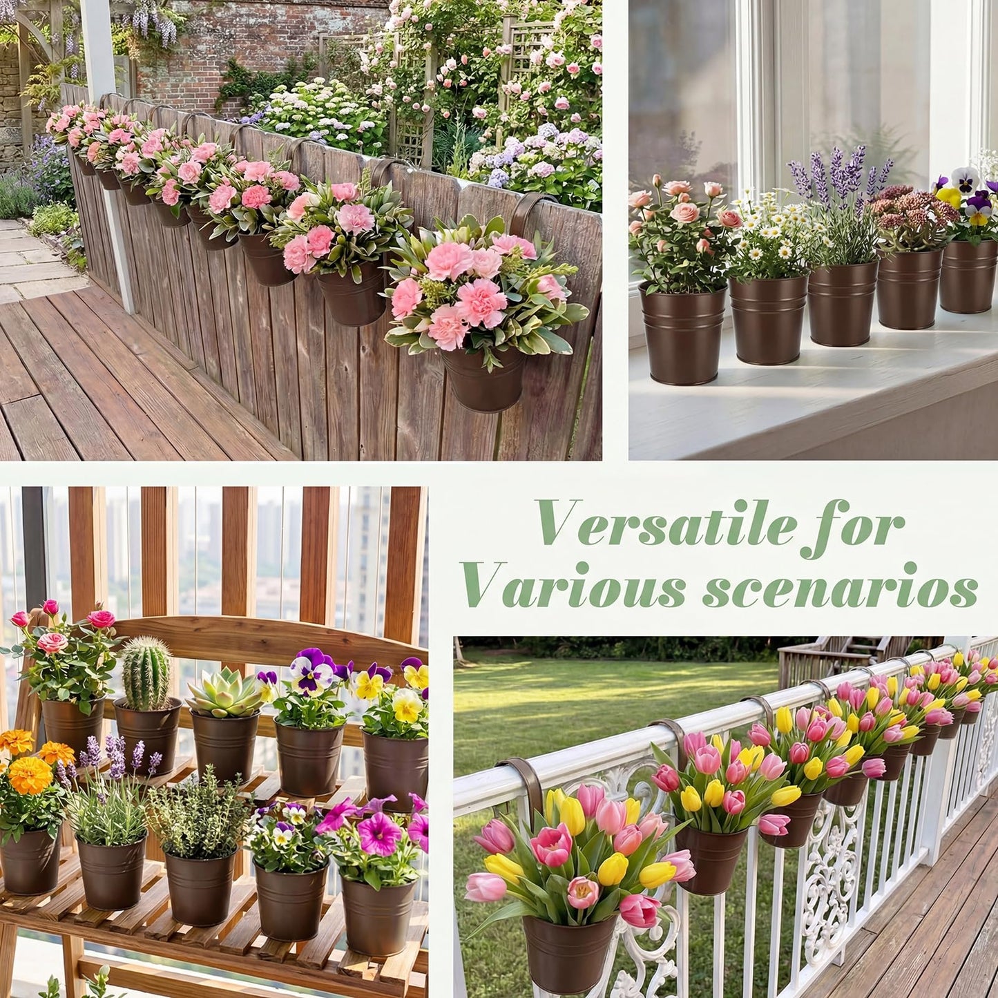 HowRU Hanging Flower Pots, Railing Planter Box for Outdoor Plants 12 Pack 5 Inch Metal Hanging Planters with Detachable Hooks Balcony Window Fence Garden Decoration Flower Boxes(Bronze(5in))