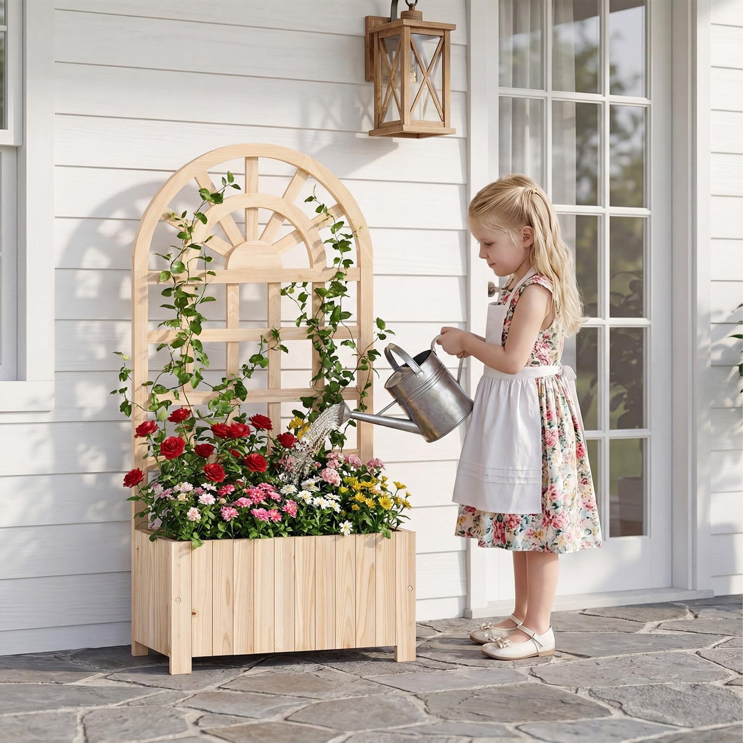 Happygrill Wooden Raised Garden Bed with Trellis, Outdoor Planter Box with Drainage Holes, Privacy Screen, Natural Fir Wood Elevated Garden Bed for Climbing Plants Flowers (1, Natural, 24''x12''x48'')