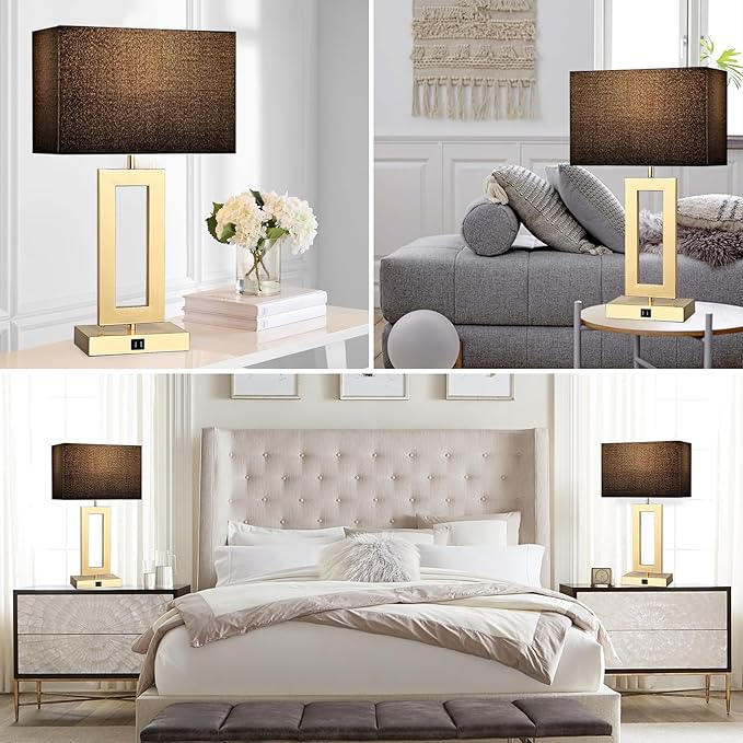 Black Table Lamps Set of 2 with Dual USB Ports,3-Way Dimmable Touch Control Bedside Lamps,22inch Tall Modern Bedroom Table Lamp for Living Room,Nightstand LED Bulbs Included