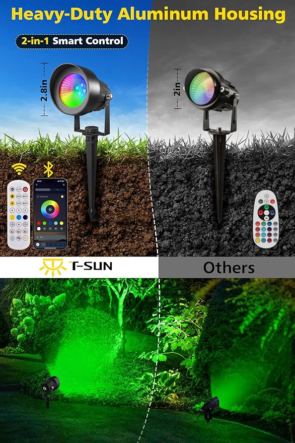 T-SUN Spot Lights Outdoor Waterproof IP65 with US Plug, 270° Adjustable, App & Remote Control, Timer, Dimmable, Music Sync, Multi Scenes, Color Changing Landscape Lights for Yard Garden