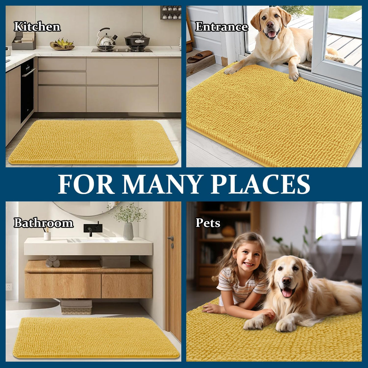 OLANLY Dog Door Mat - Absorbent Non-Slip Chenille Mat for Muddy Paws | 36x24 Inches, Quick Dry, Yellow