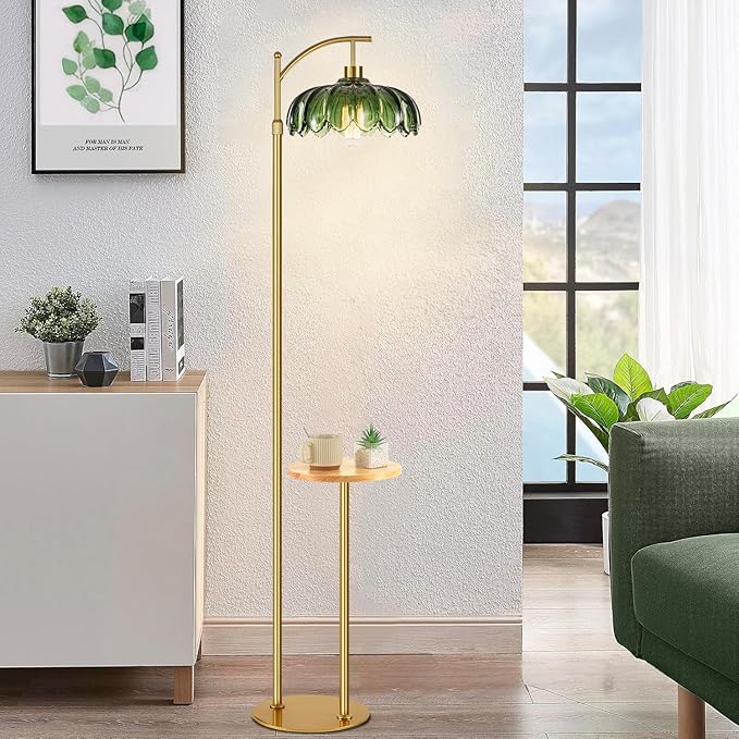 Gold Floor Lamp with Table and Shelves for Living Room Bedroom,Glass Standing Lamp with Remote Dimmable,Boho Brass Tall Lamp Vintage Farmhouse Arc Flower Floor Light Bohemian