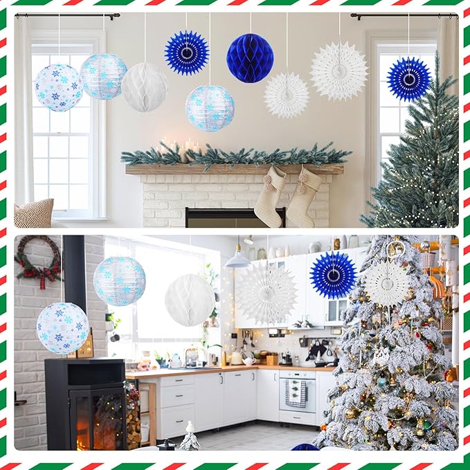Retisee 18 Pcs Winter Party Decorations Snowflake Paper Lanterns Blue Sliver Hanging Paper Fans Hanging Honeycomb Ball for Wonderland Party Holiday Winter Decor Supplies