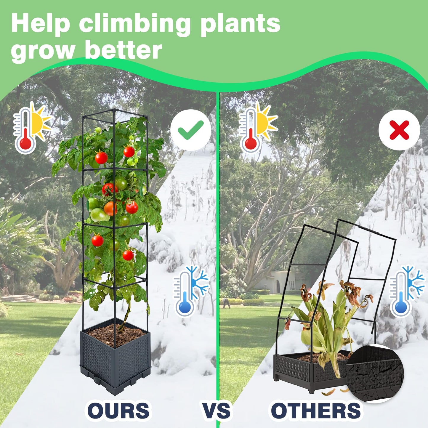 Sumloty Raised Garden Bed Planter Box, 2 Pack 56" Self-Watering Tomato Planter with Trellis for Climbing Vegetables Plants Grape Fruit Flowers,Use for Indoor Outdoor Garden Patio