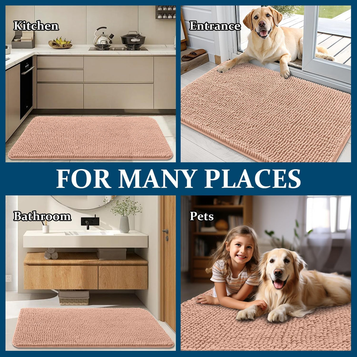 OLANLY Dog Door Mat - Absorbent Non-Slip Chenille Mat for Muddy Paws | 30x17 Peach Indoor Carpet