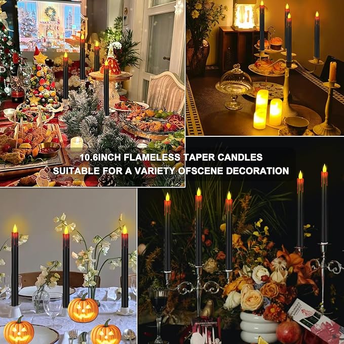 Flameless Taper Candles 10.6" Dripless Battery Operated Taper Candles Included Remote Timer 400+ Hours by 2AA Batteries for Halloween Christmas Wedding (Black+Burgundy, 6 Pack)