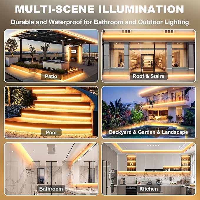 IP67 Waterproof COB LED Strip Lights AC 110V-120V Direct Plug, 66FT Super Bright Outdoor Strip Lights with Double Fuse Controller, 2700K Warm White LED Strips for Garden Patio Commercial Decor