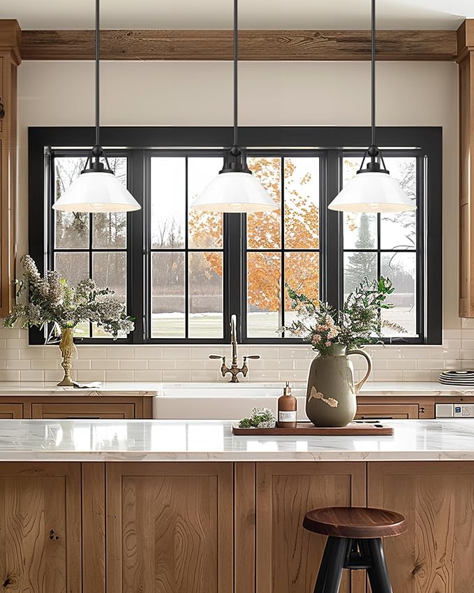 White Pendant Light Fixture, HWH Modern Kitchen Island Light Fixtures 12 Inch, 1-Light Hanging Lighting for Dinning Room Schoolhouse, Black Metal and White Opal Glass Shade, 5HYS89MIL-G BK