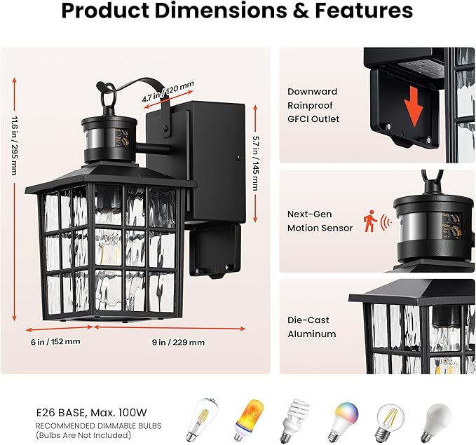 Gleamz Motion Sensor Outdoor Wall Lights with GFCI Outlet, Modern Black Exterior Lighting Fixtures Wall Mount Sconce for House Garage, Anti-Rust Dusk to Dawn Front Porch Light with Water-Ripple Glass