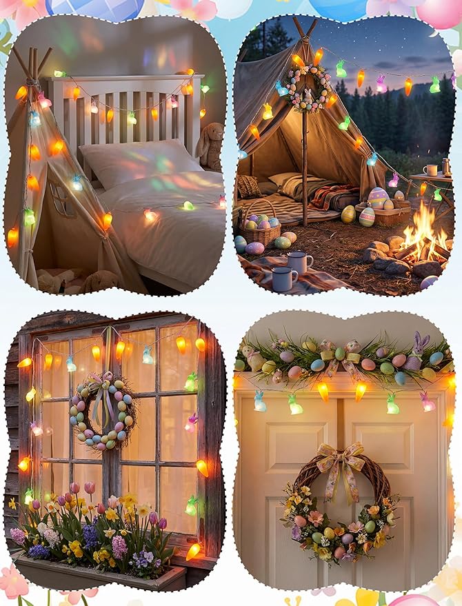 Easter Bunny Carrot String Lights, 8.5ft 10 Count Connectable Plug in Rabbit Light, UL Certified Multicolor Decor for Kids Bedroom Easter Tree Window Spring Holiday