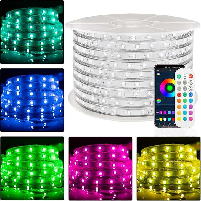 300ft Outdoor LED Strip Lights Waterproof,RGB LED Rope Lights Outdoor Waterproof Color Changing APP Remote Control Music Sync,36LED/m Flexible Rope Lights for Outside Camper Pool Deck Christmas