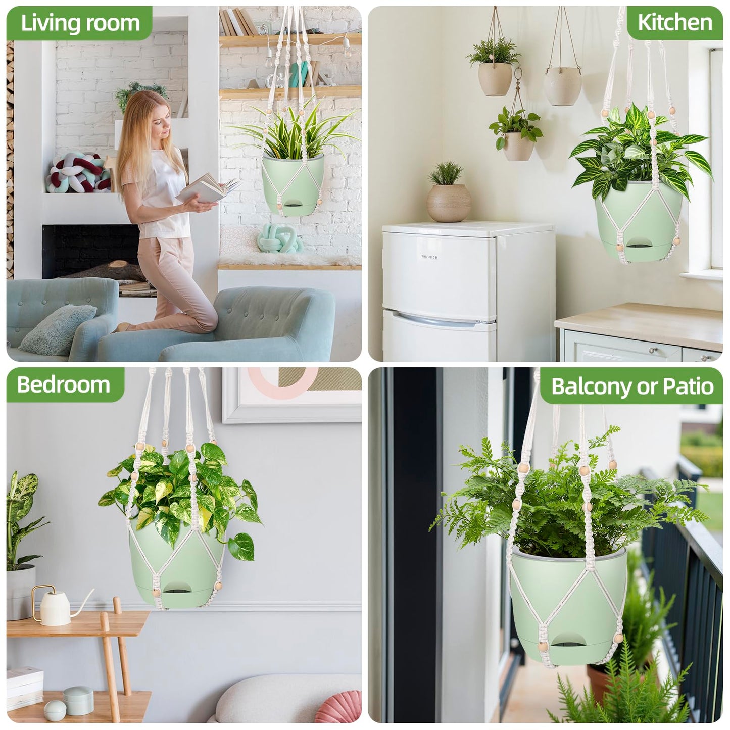 2-Pack 5.7-Inch Self-Watering Hanging Planters for Indoor & Outdoor Plants,34Inch Macrame Hanger Plant Pots Indoor with Drainage,Small Hanging Planters & Baskets,With Two Sets of Hooks(Pure green)